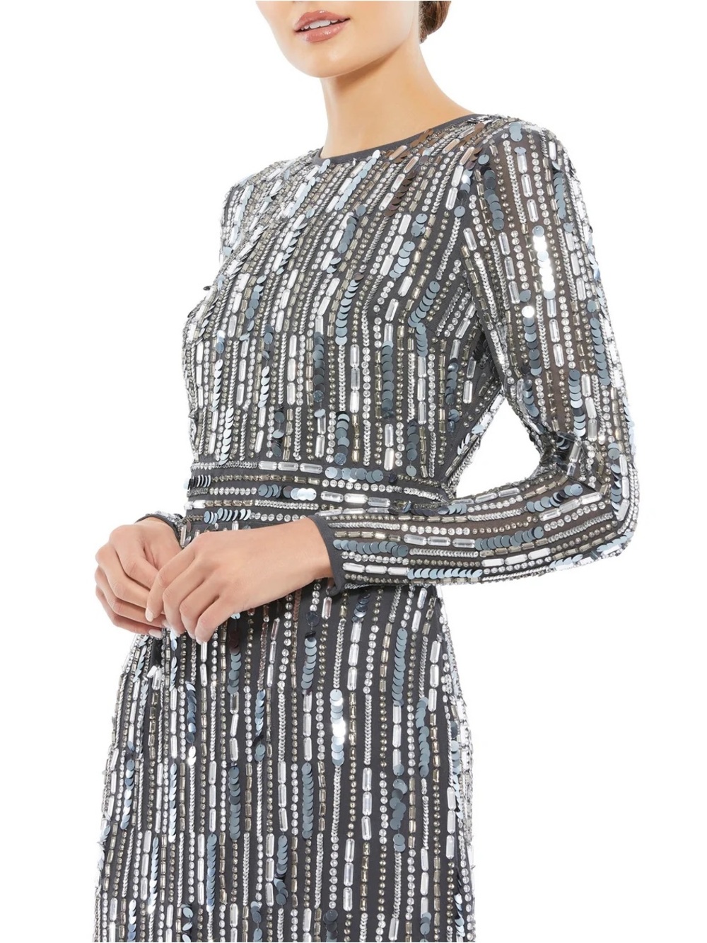 Mac Duggal - Charcoal Sequins Long Sleeve Dress - Picture 2 of 8